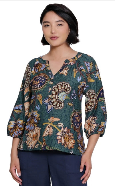 Printed Woven Popover V-Neck