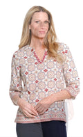 3/4 Flare Sleeve Notch Neck Woven Top With Embroidrey