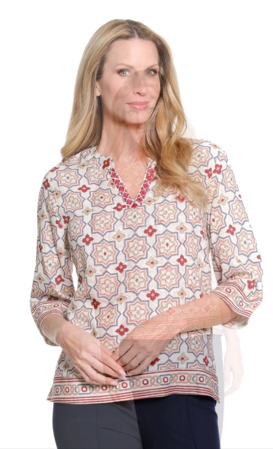 3/4 Flare Sleeve Notch Neck Woven Top With Embroidrey