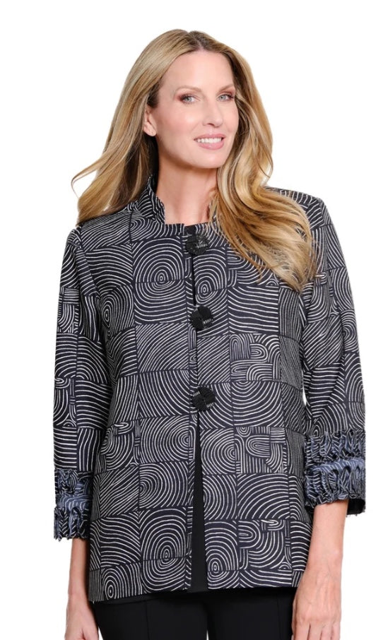 3/4 Sleeve Stand Collar Loop & Button Closure Lined Woven Jacket