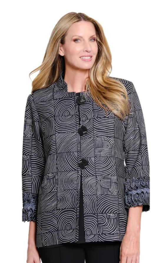 3/4 Sleeve Stand Collar Loop & Button Closure Lined Woven Jacket