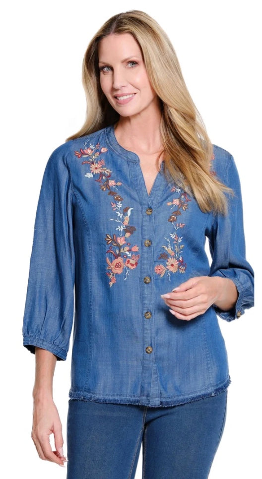 3/4 Sleeve Band Collar Woven Top with Fringe Hem