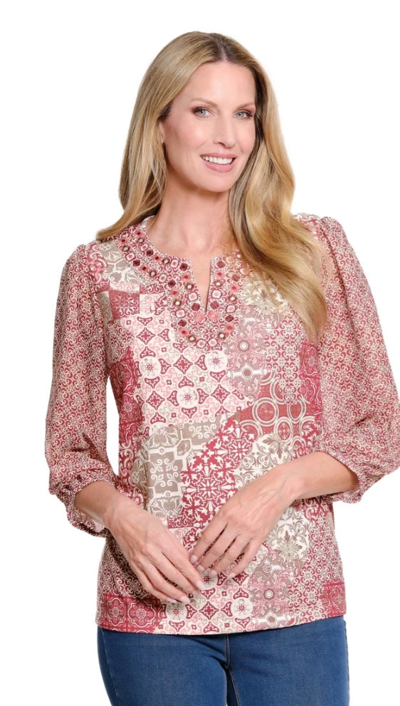 3/4 Sleeve Notch Neck Embroidery