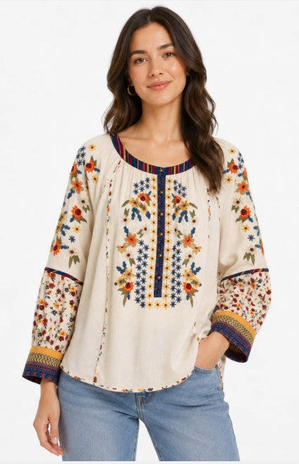 Woven Embroidered Elbow Sleeve Button Down Popover