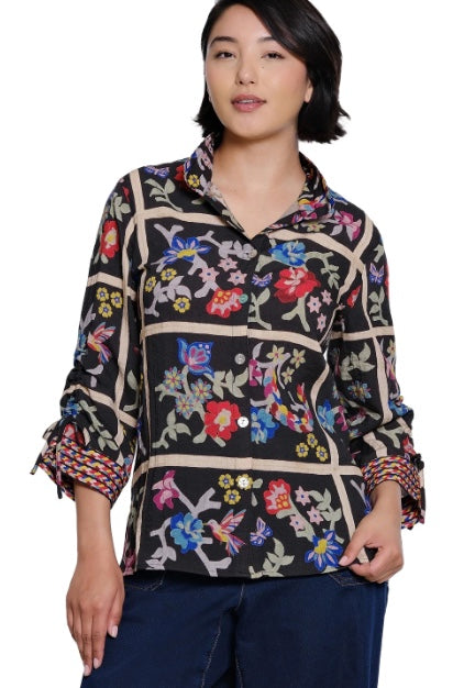 Woven 3/4 Cinch Sleeve Button Down Front Blouse With Wire Collar
