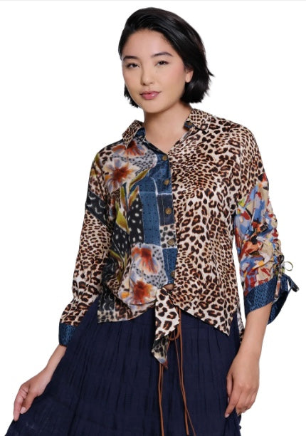 Mix Print Button Down Tie Front With 3/4 Cinch Tie Sleeves
