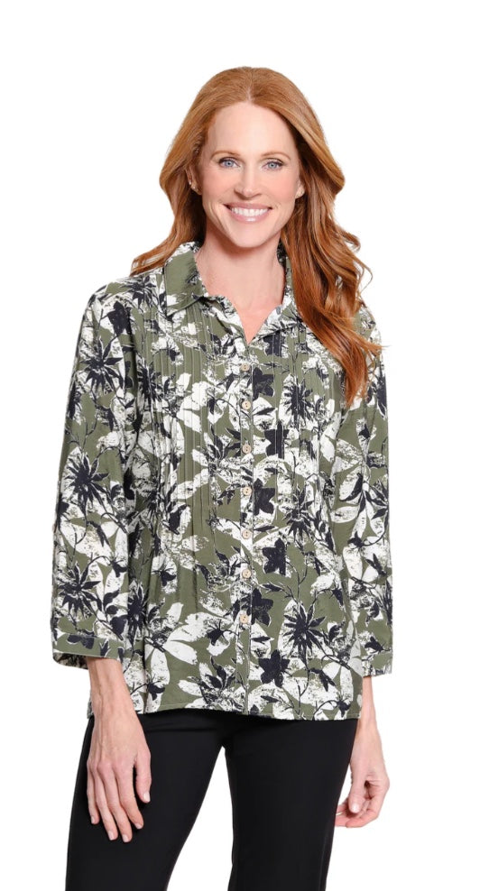 Cinched Tab Cuffed 3/4 Sleeve Multi Button Front Woven Top