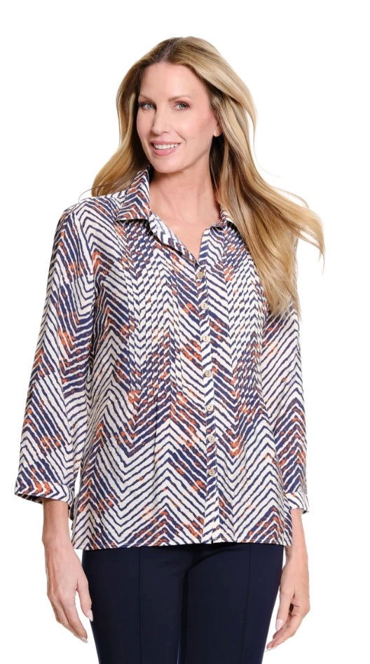 Cinched Tab Cuffed 3/4 Sleeve Multi Button Front Woven Top