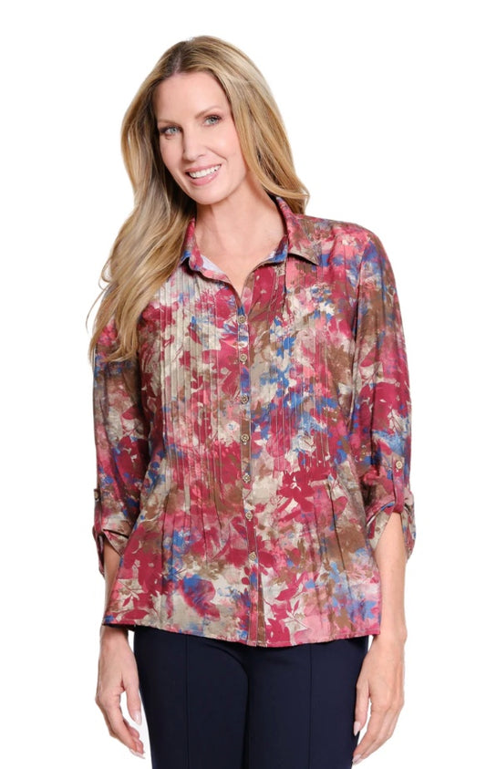 Cinched Tab Cuffed 3/4 Sleeve Multi Button Front Woven Top