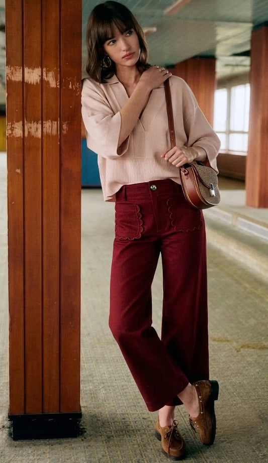 Cropped Scallop Pocket Detail Wide-Leg Pants