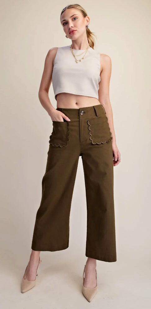 Cropped Scallop Pocket Detail Wide-Leg Pants