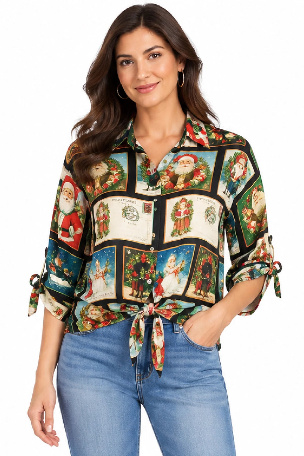 Holiday Print Tie Front Cinch Sleeve Blouse