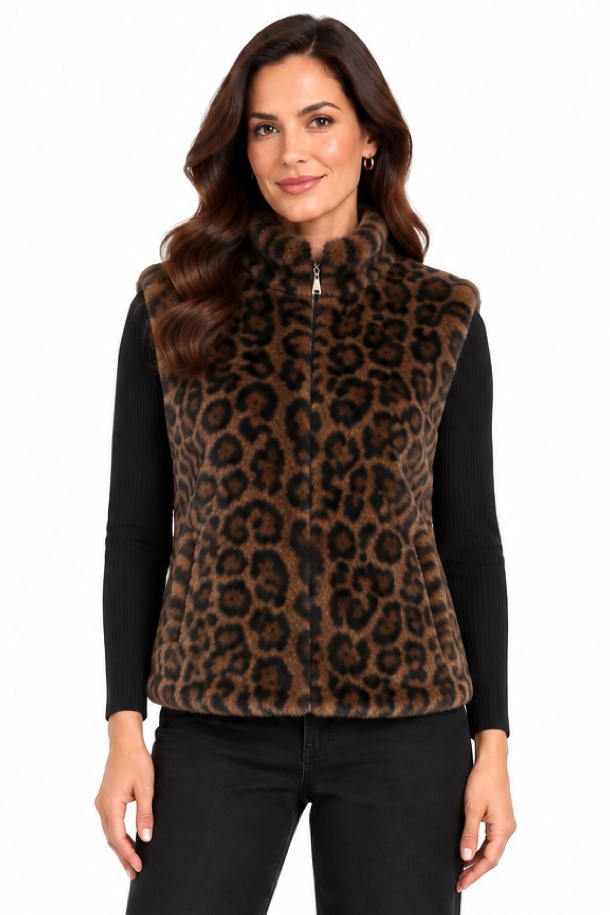 Woven Plush Stand Collar Zip Front Vest