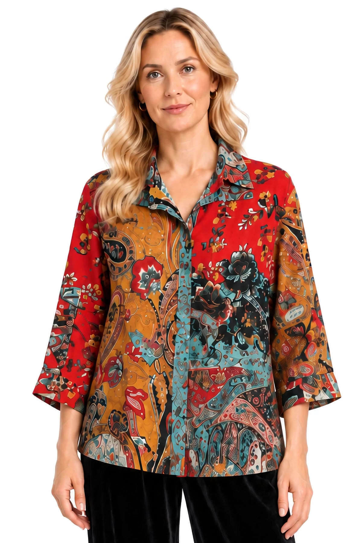 Mixed Print Wire Collar Cinch Sleeve Blouse