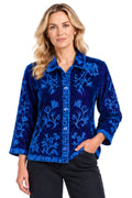 Embroidered Velvet Button Front Blouse