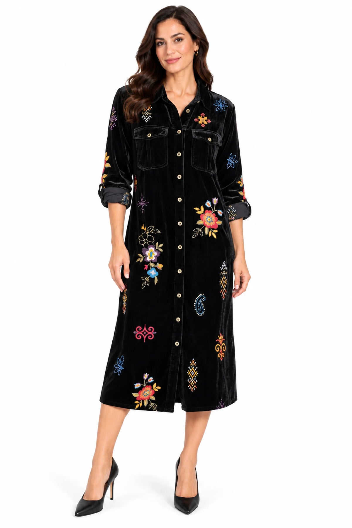 Embroidered Velvet Shirt Dress
