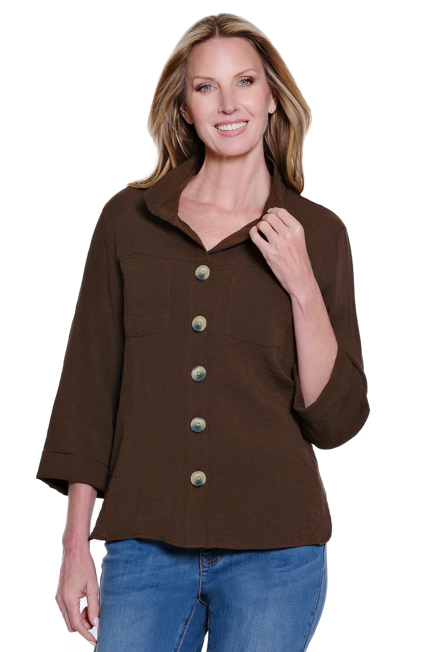 Woven Solid Button Down Blouse With 3/4 Sleeves And Wire Collar