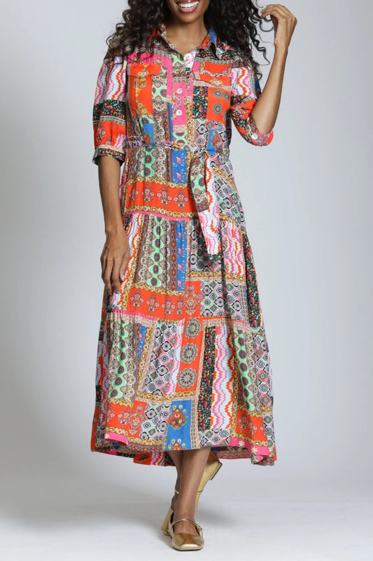 Front Button Dress With Pockets And Waist Tie