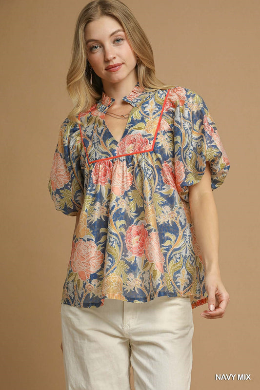Floral Puff Sleeve Peasant Top