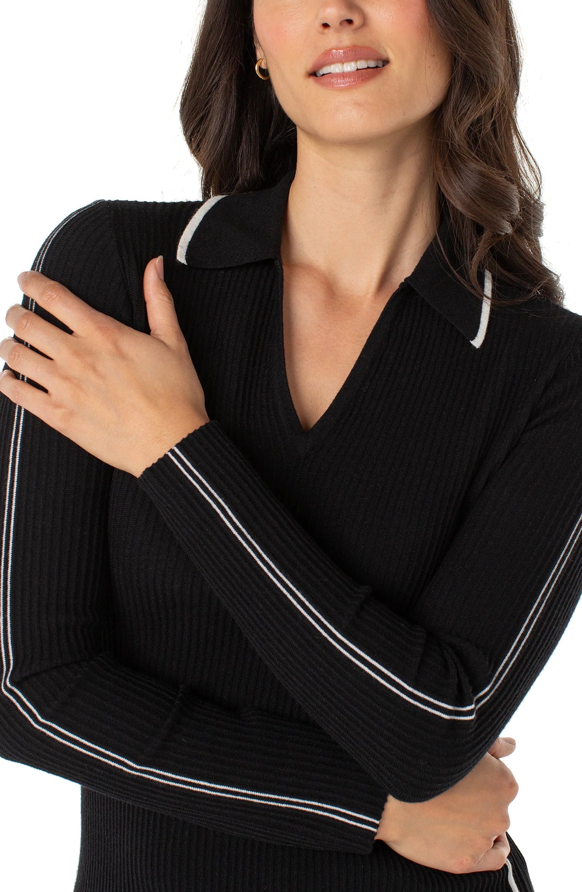 Long Sleeve V-Neck Collared Sweater