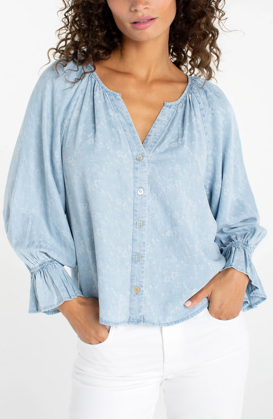 3/4 Sleeve Button Front Shirred Woven Top