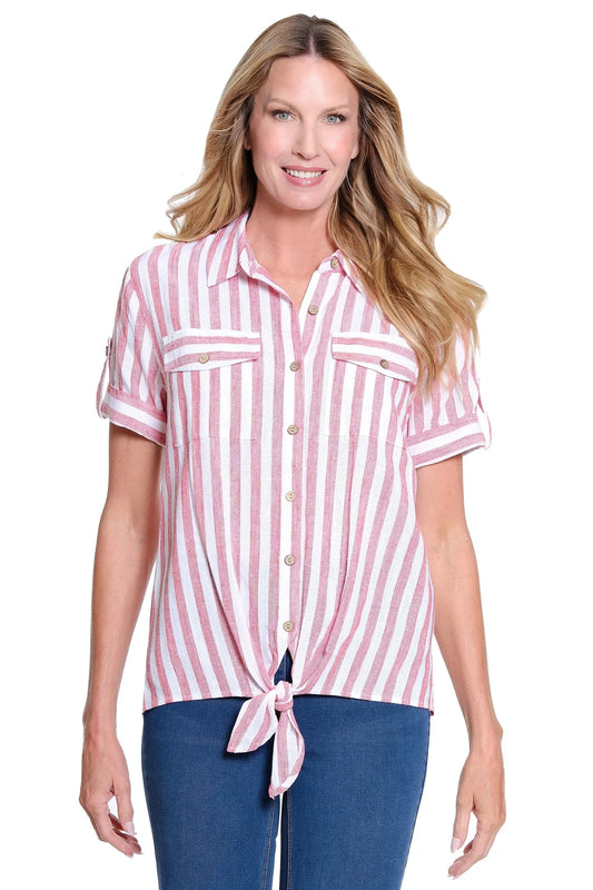 Tab Short Sleeve Drop Tie Waist Button Front Shirt
