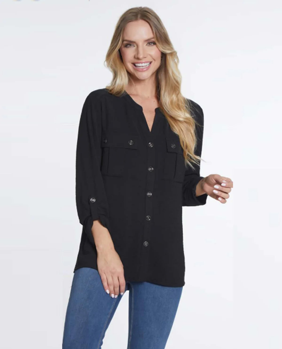 Multiples Cuffed 3/4 Sleeve Button Down Shirt