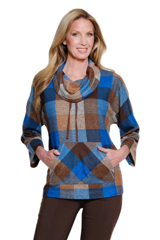 Plaid Cowl Neck Pocket Top