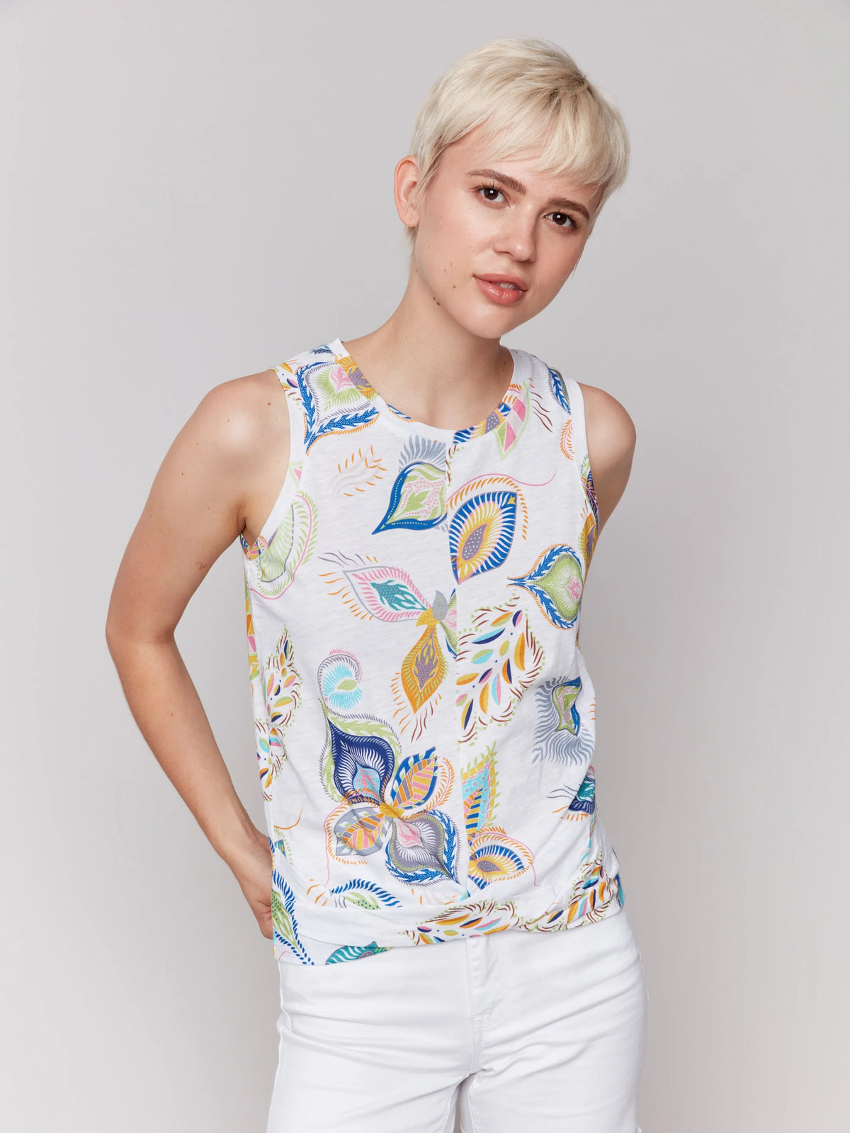 Printed Sleeveless Top With Knot Detail