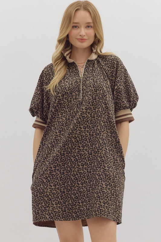 Leopard Print 3/4 Zip-Up Dress