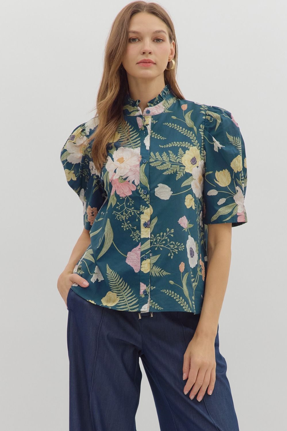 Floral Ruffle Neck Button Down
