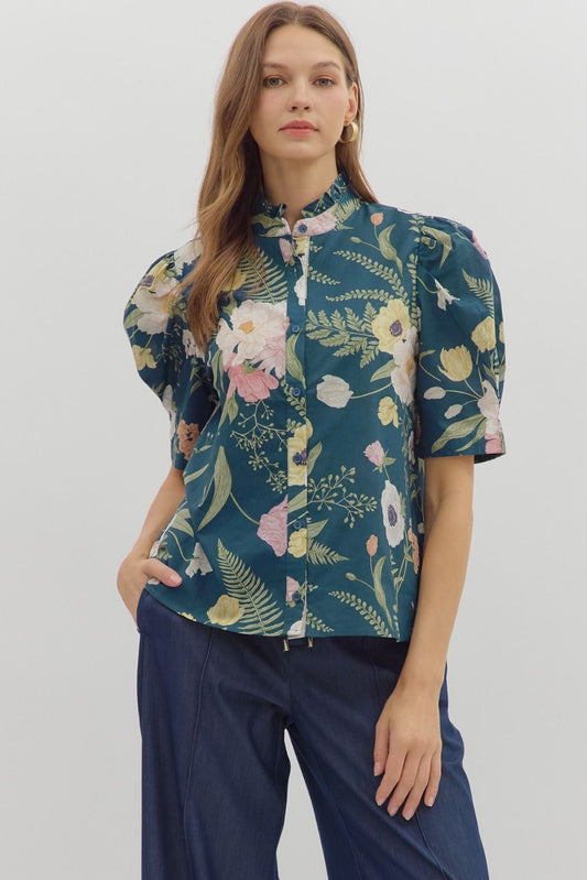 Floral Ruffle Neck Button Down