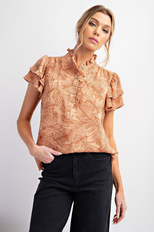 Latte Ruffle Short Sleeve Patterned Top