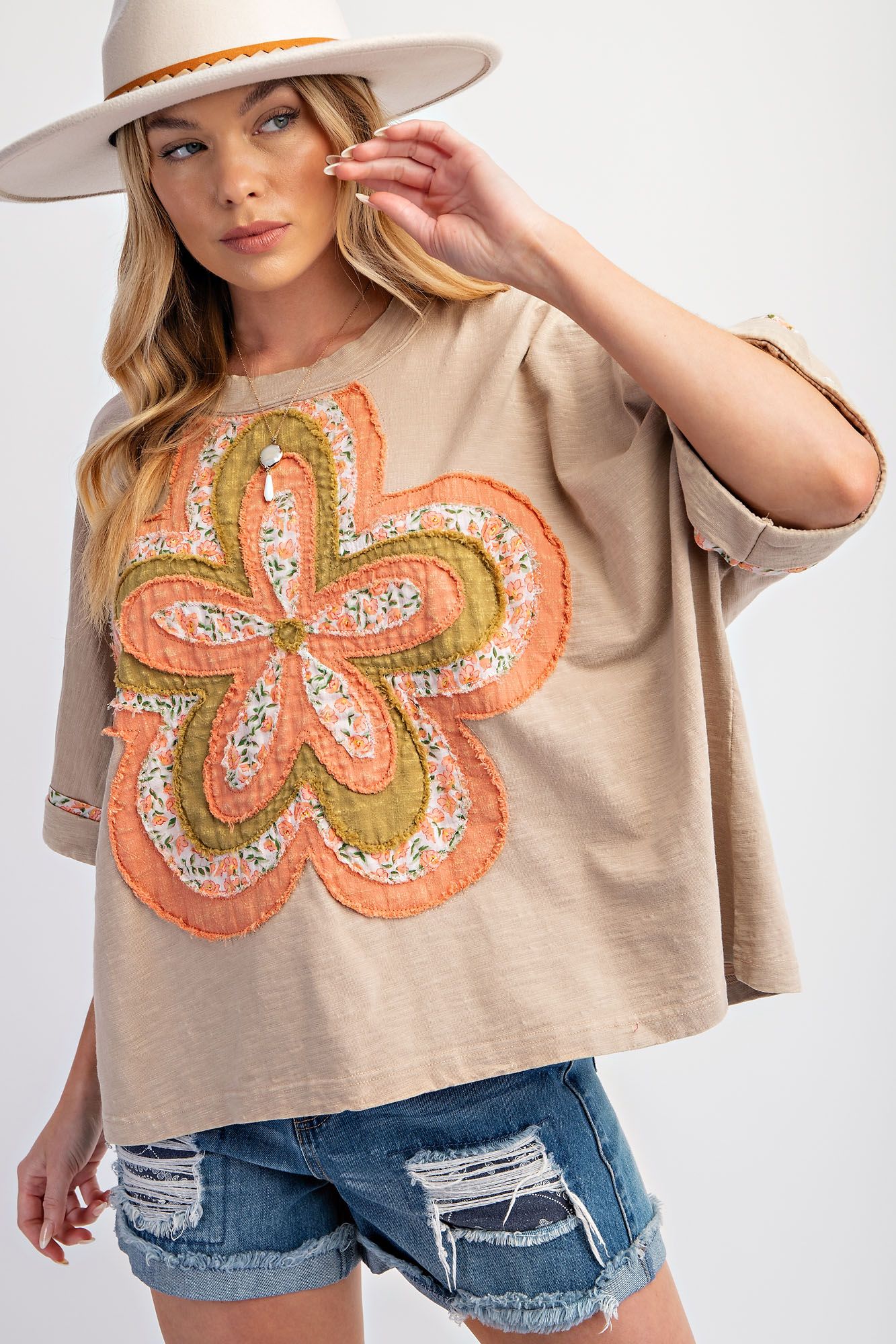 Khaki Short Sleeve Flower Patch Top