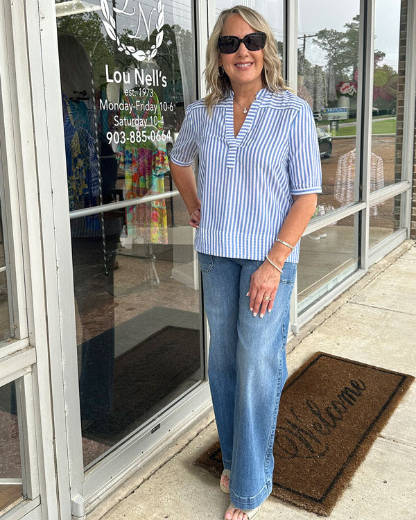 Yarn Dye Popover Short Sleeve Blouse